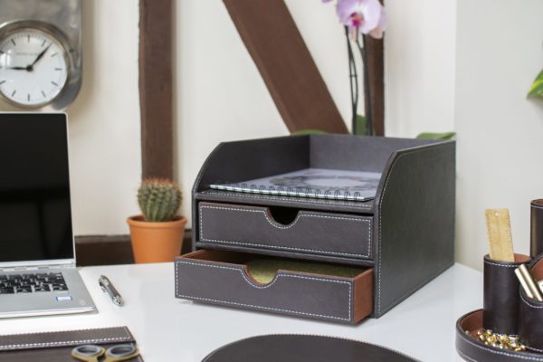 FURNITURE / TRAY 2 DRAWERS LEATHER BROWN