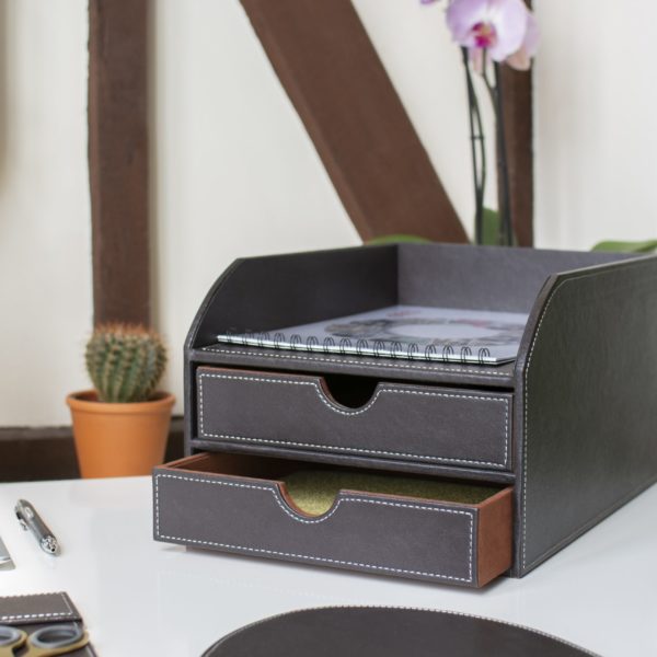 FURNITURE / TRAY 2 DRAWERS LEATHER BROWN